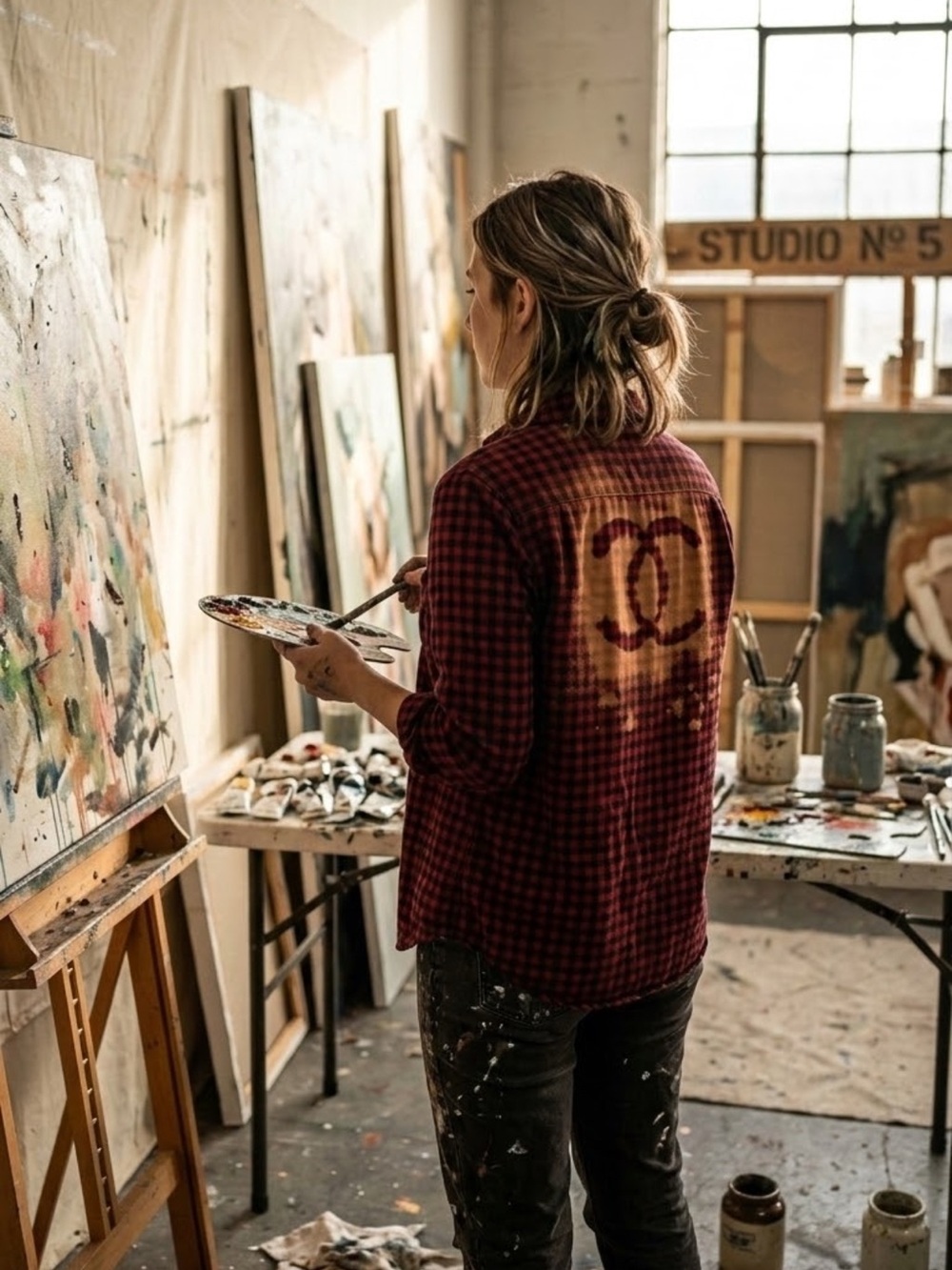 Upcycled Plaid Button-Up Flannel Shirt in Burgundy with Canel Logo Detail
